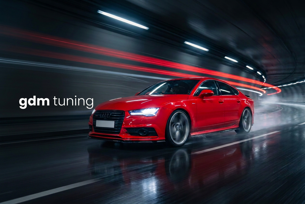 Cinematic Audi hero with simple white gdm tuning wordmark